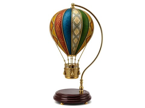 A colorful 3D hot air balloon showpiece with patterned fabric texture, polished brass basket, elegant display stand, soft studio lighting, isolated on a white background