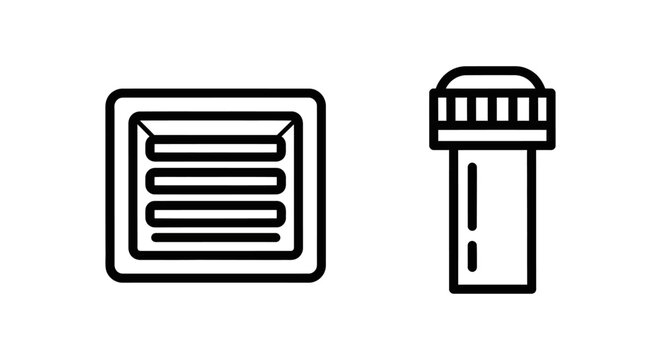 Graphic icon set showing a square air vent grille and a cylindrical industrial component with ventilation industrial cylinder component engineering hardware mechanical structure