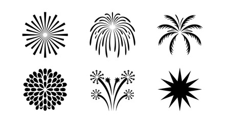 Six Black Fireworks Icons, Festive Celebration Vector Graphics, Explosive Event Symbols, Party Starburst Elements © LANA