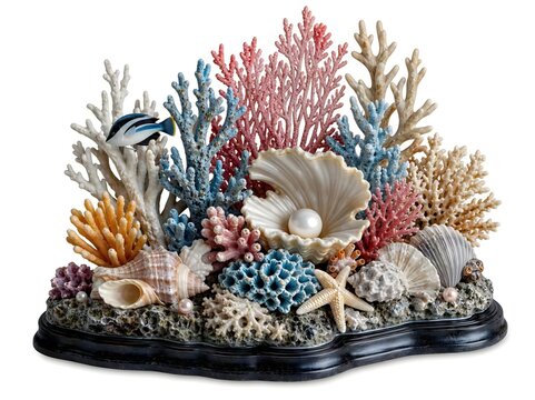 A premium 3D coral reef showpiece featuring colorful coral formations, seashells, pearl accents, realistic underwater textures, elegant resin finish, isolated on a white background