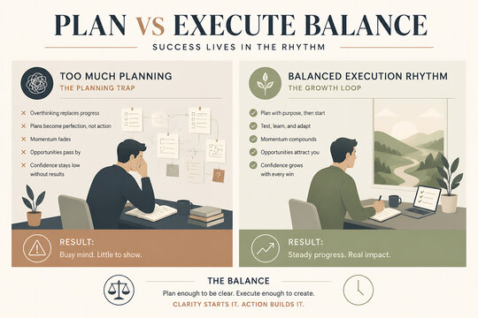 An infographic illustrates the balance between planning and execution for success, showing pitfalls of over-planning versus the benefits of a balanced rhythm.