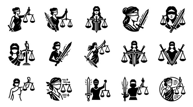 Lady Justice statue icons set, law and legal system vector symbols including blindfolded woman holding scales of justice and sword for courthouse attorney advocate isolated on white