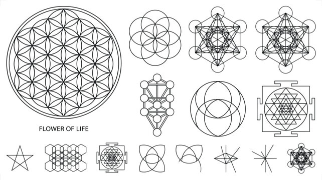 Sacred Geometry Symbols with Flower of Life and Metatron's Cube on White Background