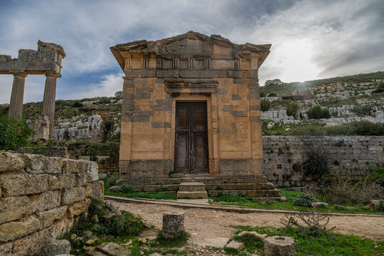Ruins of a historical structure in Cyrene, a UNESCO world heritage site in Eastern Libya, showing ancient architecture and surroundings