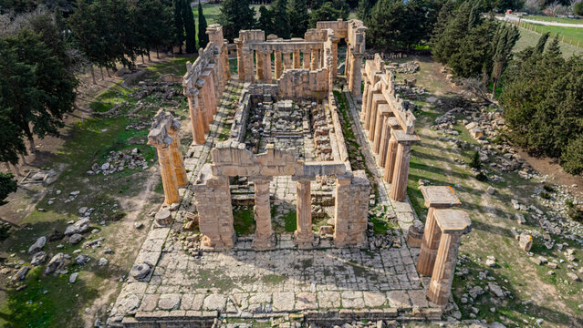 Overview of the temple of Zeus located in the UNESCO world heritage site of Cyrene in Eastern Libya with ancient ruins and greenery