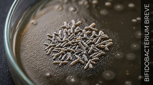 Detailed view of bifidobacterium breve cultures growing in a petri dish against a dark backdrop
