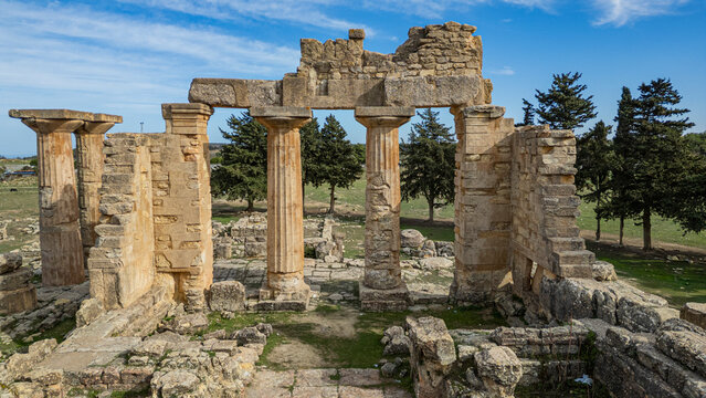 View of the temple of Zeus at the UNESCO World Heritage site Cyrene in Eastern Libya showing ancient stone columns and ruins
