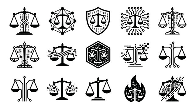 A collection of scales and justice symbols.