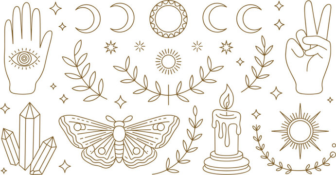 Mystical boho celestial line art element set with hamsa hand hamsa crystal moth candle moon phase and star symbols vector