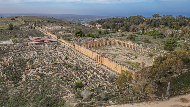 Historic view of Cyrene outlining ancient ruins and structures under a clear sky in Eastern Libya