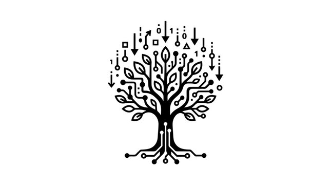A tree with circuit board roots and leaves made of coding symbols.