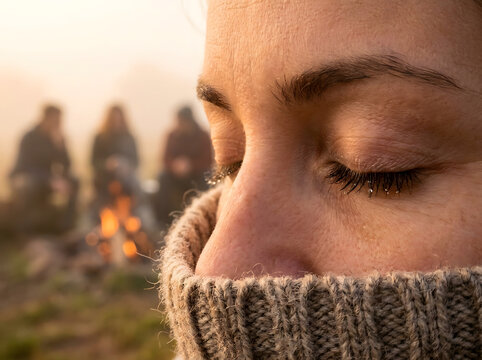 Mujer con ojos cerrados en su&eacute;ter de lana en un d&iacute;a fr&iacute;o de campamento con amigos y fogata al fondo