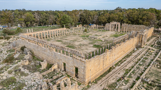 Views of Cyrene ruins in Eastern Libya from above showcasing ancient architecture and historical significance