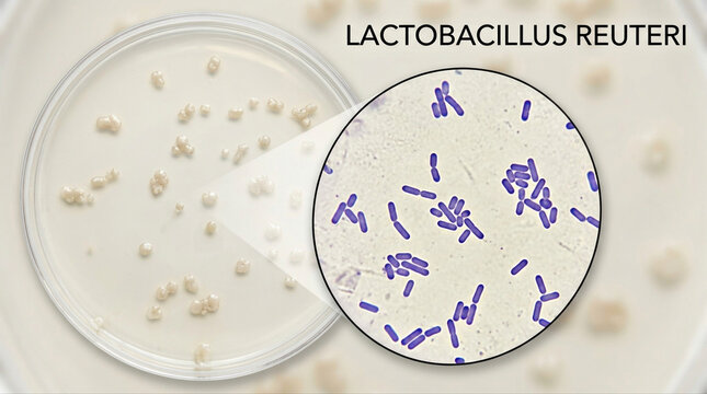 Detailed microscopic examination of lactobacillus reuteri cultures on agar plate showcasing close up features