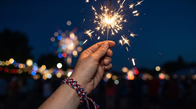A close-up shot of a person's hand holding a lit sparkler emitting bright, golden sparks against a dark blue twilight sky.