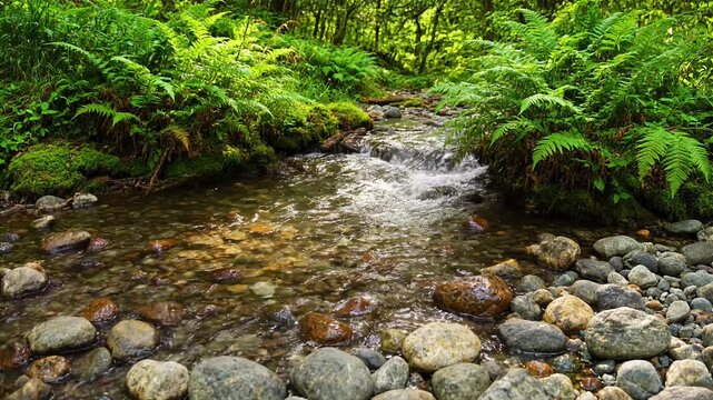 Clear mountain stream flowing over smooth river stones in a lush green forest water nature creek rocks ferns