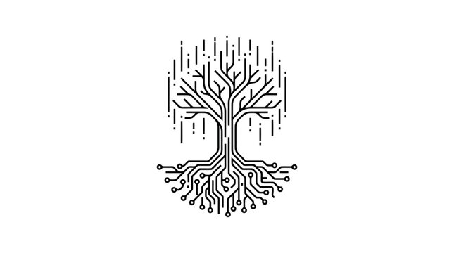 Tree with roots and binary code branches.