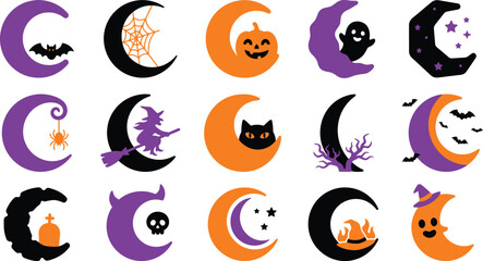 Obraz premium Halloween crescent moon icons collection with spooky elements