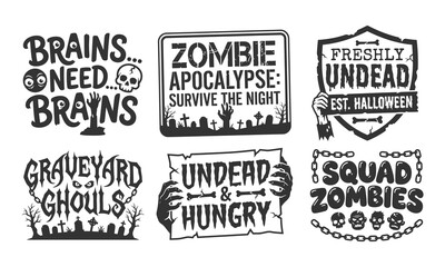 Fototapeta premium Black White Zombie Typography Collection with Horror Fonts Cracked Lettering Graveyard Elements and Creepy Vector Illustrations