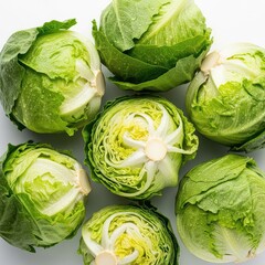Fototapeta premium Top view of fresh iceberg lettuce heads arranged closely on a seamless white backdrop, highlighting crisp textures and vibrant green leaves, leafy, leaf, farm