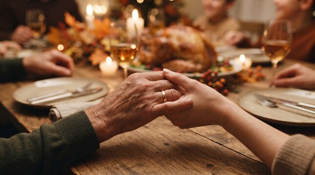 ​A close-up shot of a family holding hands around a rustic wooden table, showing unity and gratitude before a holiday meal.
