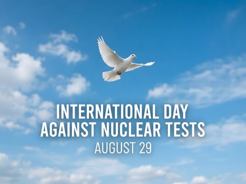 White dove flying in blue sky for international day against nuclear tests on august 29