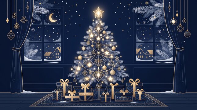 An elegant, stylized Christmas illustration featuring a beautifully decorated Christmas tree at the center, glowing with golden lights and geometric ornaments.