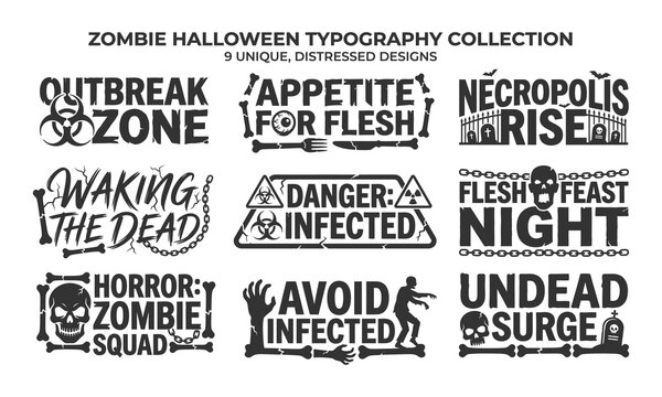 Premium Zombie Halloween Lettering Bundle Featuring Undead Typography Horror Symbols Creepy Icons and Black Vector Artwork