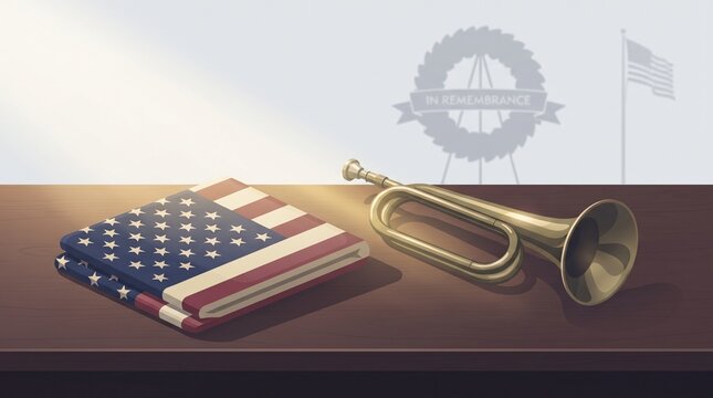 An illustration depicting a solemn tribute to fallen soldiers, featuring a neatly folded United States flag and a brass bugle resting on a wooden table.