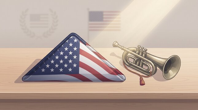 An illustration featuring a tri-folded United States flag and a brass military bugle resting side by side on a light-colored wooden table.