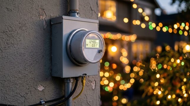 A modern electric meter mounted on a residential wall with a glowing bokeh background, symbolizing smart energy monitoring and efficient household electricity management. 