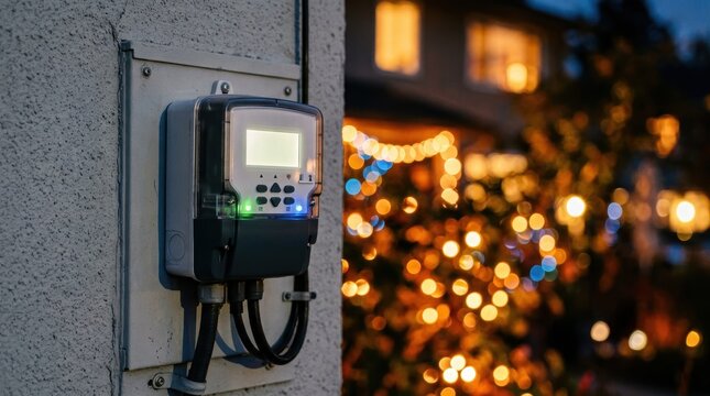 A modern electric meter mounted on a residential wall with a glowing bokeh background, symbolizing smart energy monitoring and efficient household electricity management. 
