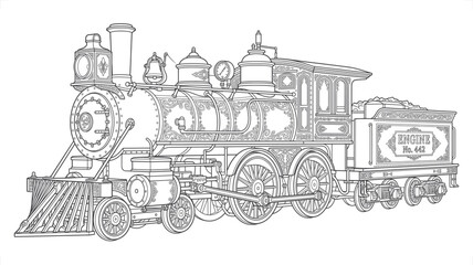 Vintage steam locomotive drawing in monochrome detail against a white background conveying historical travel and industrial power © Graphic Seller
