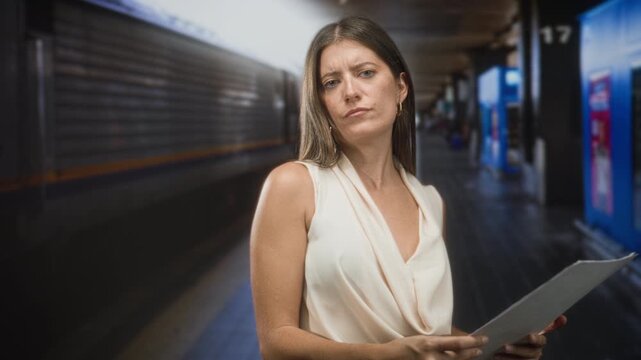 Woman holding travel papers and looking skeptical while reading documents on a train platform inside a station building near vending machines and carriage 17; frustration.