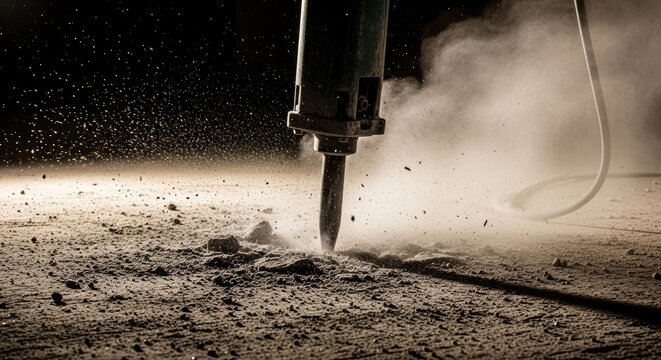 Jackhammer Breaking Concrete Surface Construction Work.