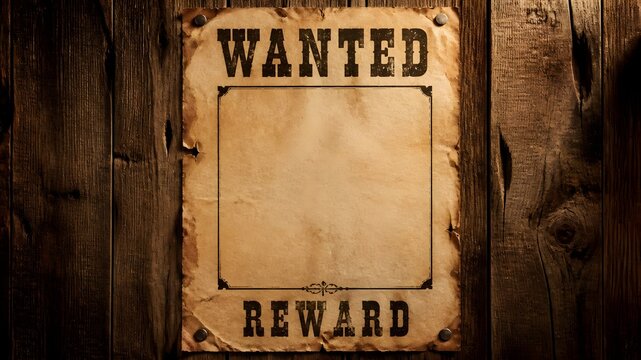 Vintage wanted poster on wooden wall. Old western reward sign with blank space for text.