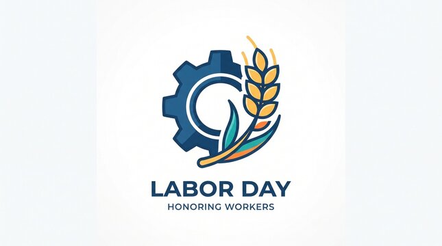 ​A minimalist and modern Labor Day graphic design featuring a stylized blue gear integrated with a golden stalk of wheat, symbolizing industry and agriculture. 