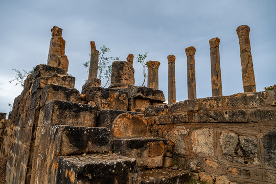 Ruins of ancient structures with columns in Ptolemais Eastern Libya showing signs of weathering and vegetation growth