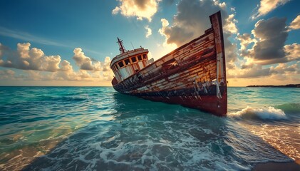 Obraz premium Old shipwreck on a tropical beach at sunset. Abandoned rusty boat stranded on the shore.