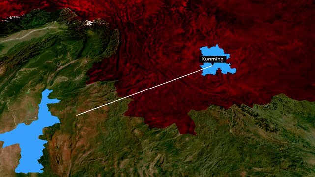 Mandalay to Kunming Economic Corridor Route Line Animation on China Myanmar Satellite Map