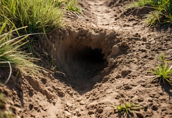 Fototapeta premium Animal burrow entrance in dry soil with green grass, wildlife habitat and nature concept, close up outdoor view