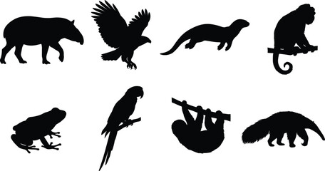Obraz premium Wildlife Animal Silhouette Icon Set Collection with Tapir, Eagle, Otter, Chameleon, Sloth and Anteater Vectors