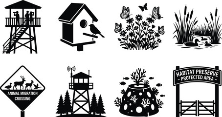 Fototapeta premium Wildlife Habitat Conservation Black Silhouette Vector Bundle Featuring Observation Towers Birdhouse Wetland Animals Nature Reserve Elements