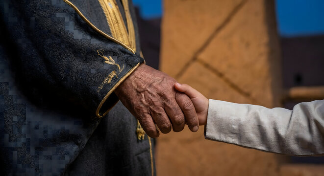 Un anciano con vestimenta tradicional &aacute;rabe sostiene la mano de un ni&ntilde;o, simbolizando la conexi&oacute;n intergeneracional y el respeto de la cultura del Medio Oriente