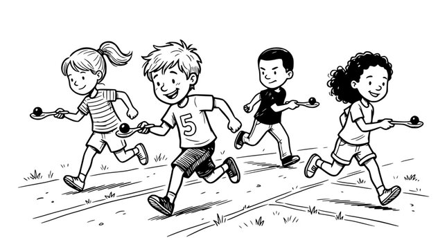 Children Spoon Race Competition, Outdoor Fun Game, Diverse Kids Running