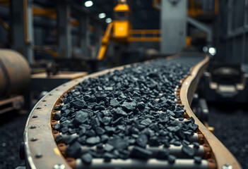 Fototapeta premium Coal on a conveyor belt in an industrial setting, mining and energy production, raw material transportation