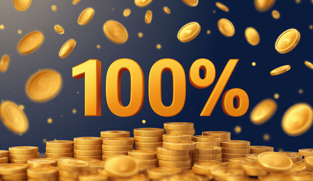 A collection of gold coins prominently displaying the text "100%" on their surfaces.