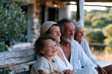 Fototapeta premium A heartwarming image of a family enjoying each other's company while posing joyfully outdoors in a picturesque countryside scene, embodying happiness and affection.