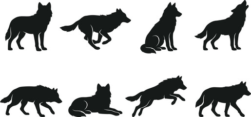 Obraz premium Wolf Silhouette Collection with Eight Standing Running Sitting Howling Jumping and Walking Wildlife Vector Illustrations