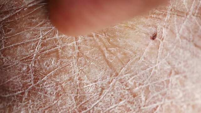 Macro view of human skin with extreme dryness and cracks, indicating severe dehydration or a skin condition